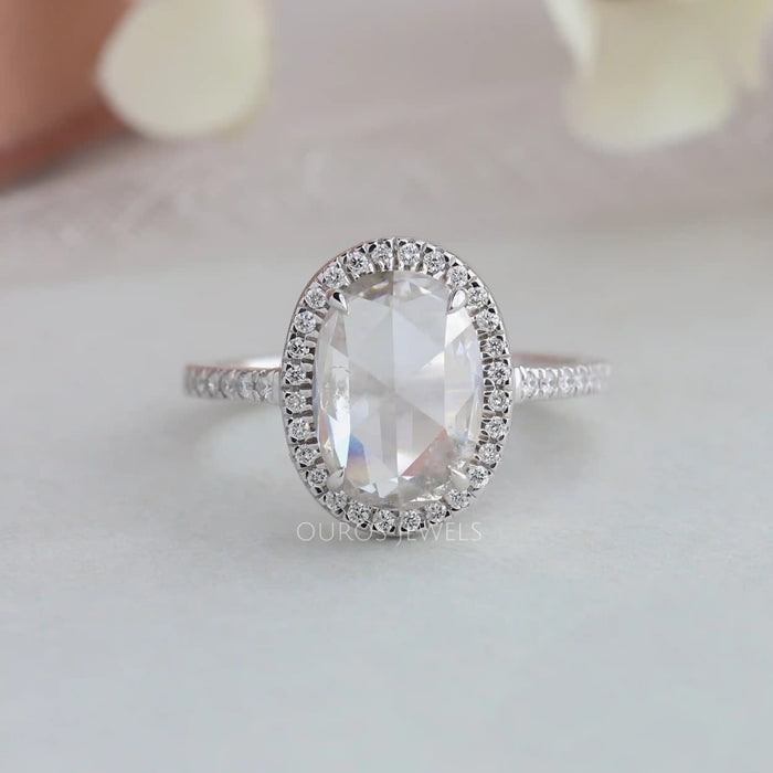 [Beautiful Front View Of Rose Cut Oval Cut Lab Diamond Halo Engagement Ring]-[Ouros Jewels]