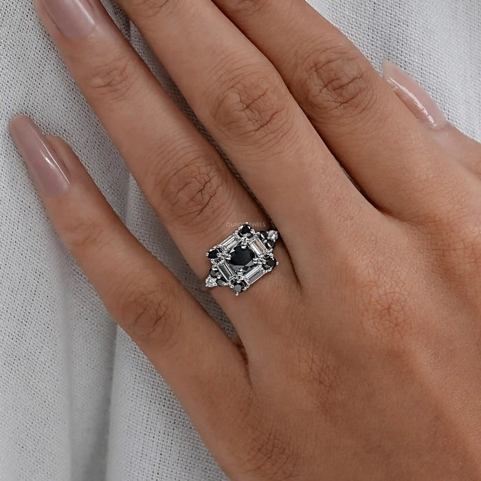 Black Round Cut Halo Baguette Diamond Ring Rings