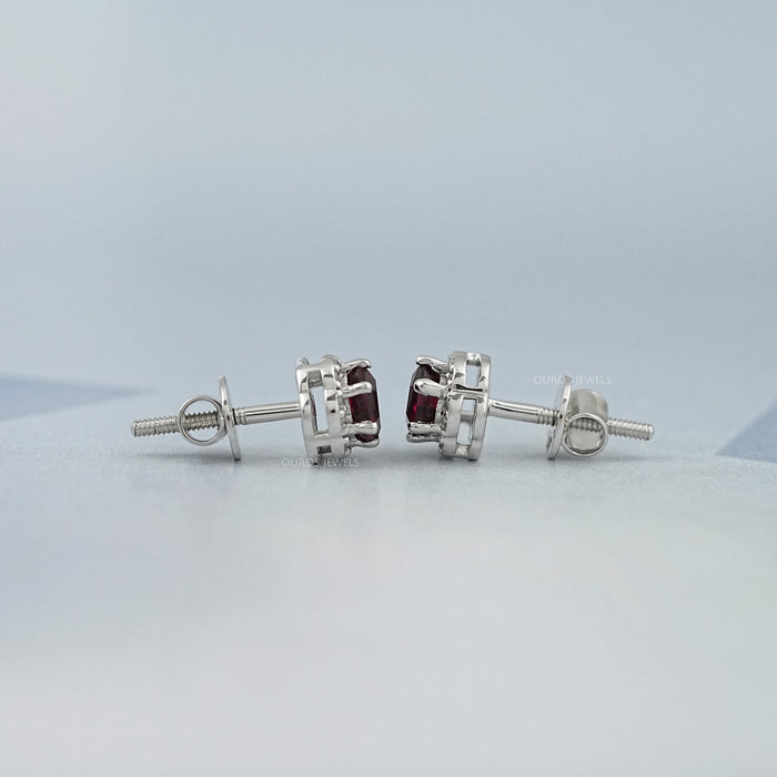 Hexagon Cut Red Ruby Gemstone Halo Stud Earrings Earring