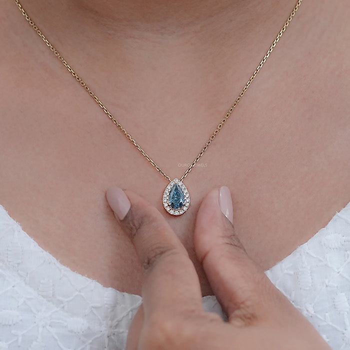 Blue Pear Lab Diamond Halo Pendant Necklaces