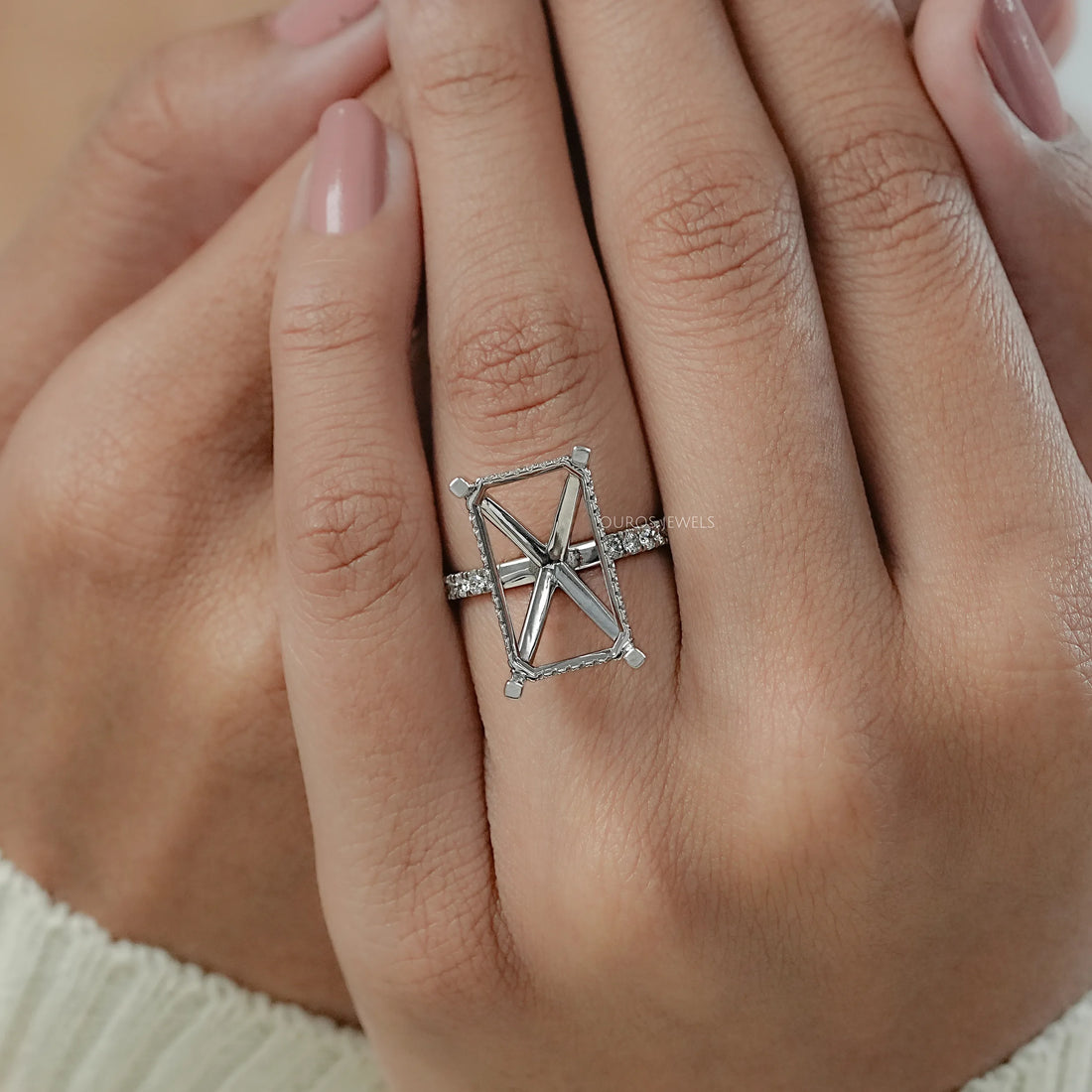 Emerald Shape Hidden Halo Semi Mount Ring Ring