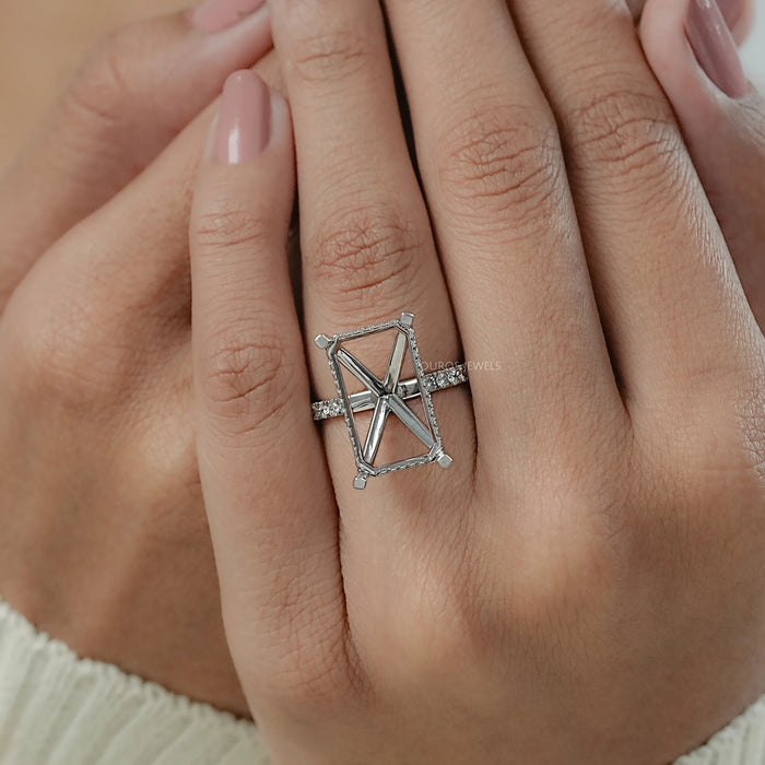 Emerald Shape Hidden Halo Semi Mount Ring Ring