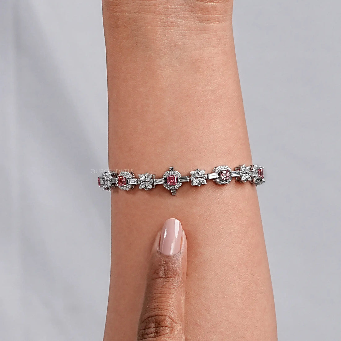 Flower And Pink Asscher Diamond Tennis Bracelet Bracelet