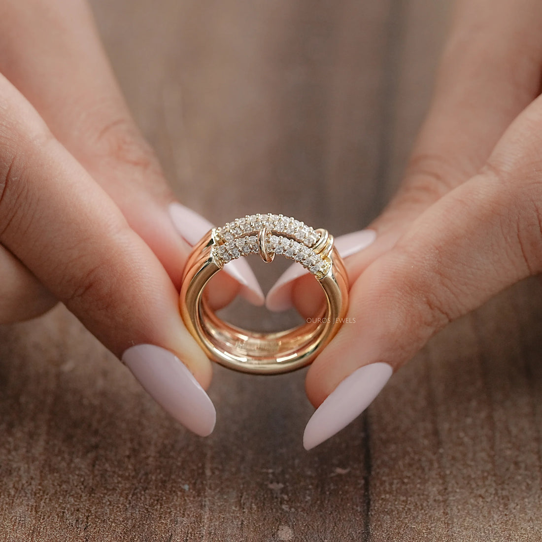 Double Row Connecter Round Lab Diamond Wedding Band Rings