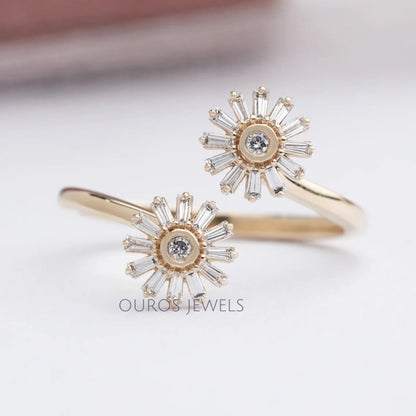 Two Flower Shape Tapered Baguette Cut Lab Diamond Bypass Ring Rings