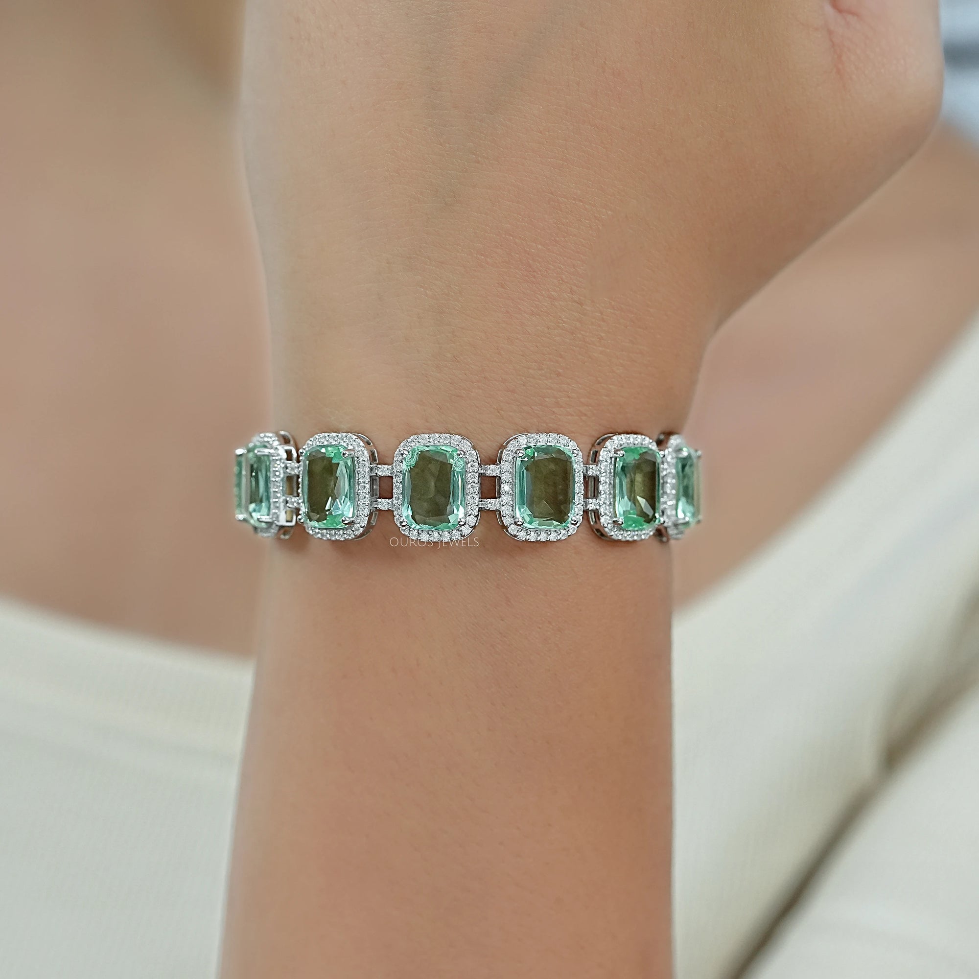 Mint Green Elongated Cushion Gemstone Halo Bracelet