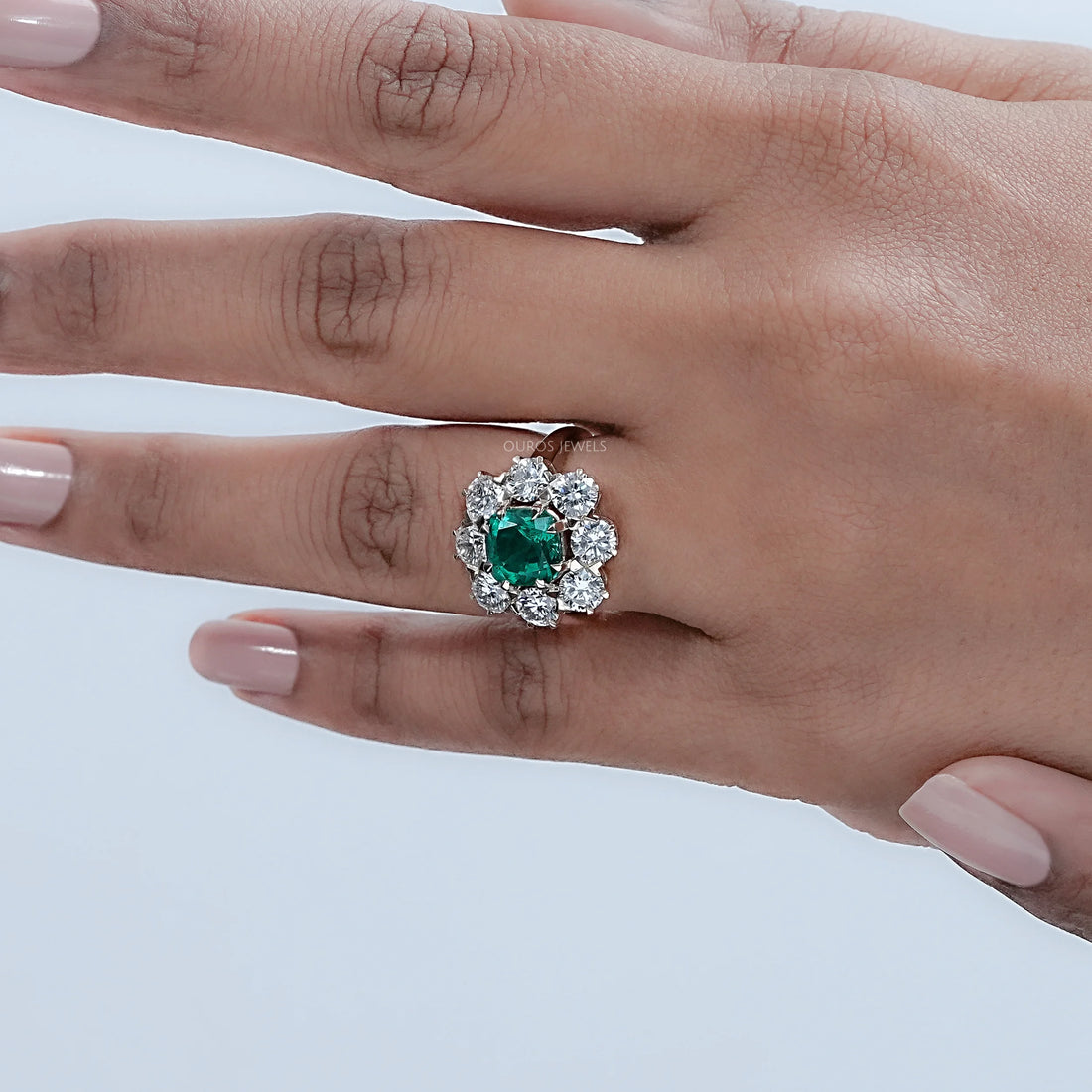 Emerald Square Cushion Round Halo Floral Engagement Ring