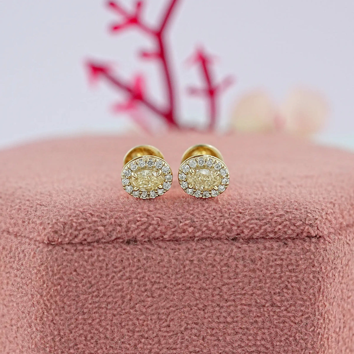 Yellow Oval Diamond Halo Stud Earrings Earrings