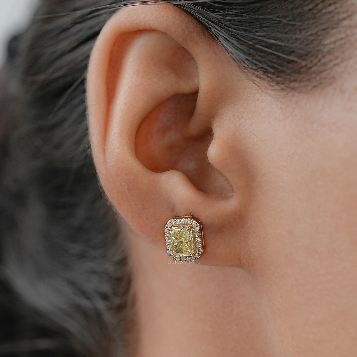 Radiant Yellow Lab Diamond Halo Stud Earrrings Earrings