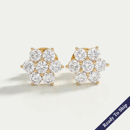 Round Cut Diamond Floral Stud