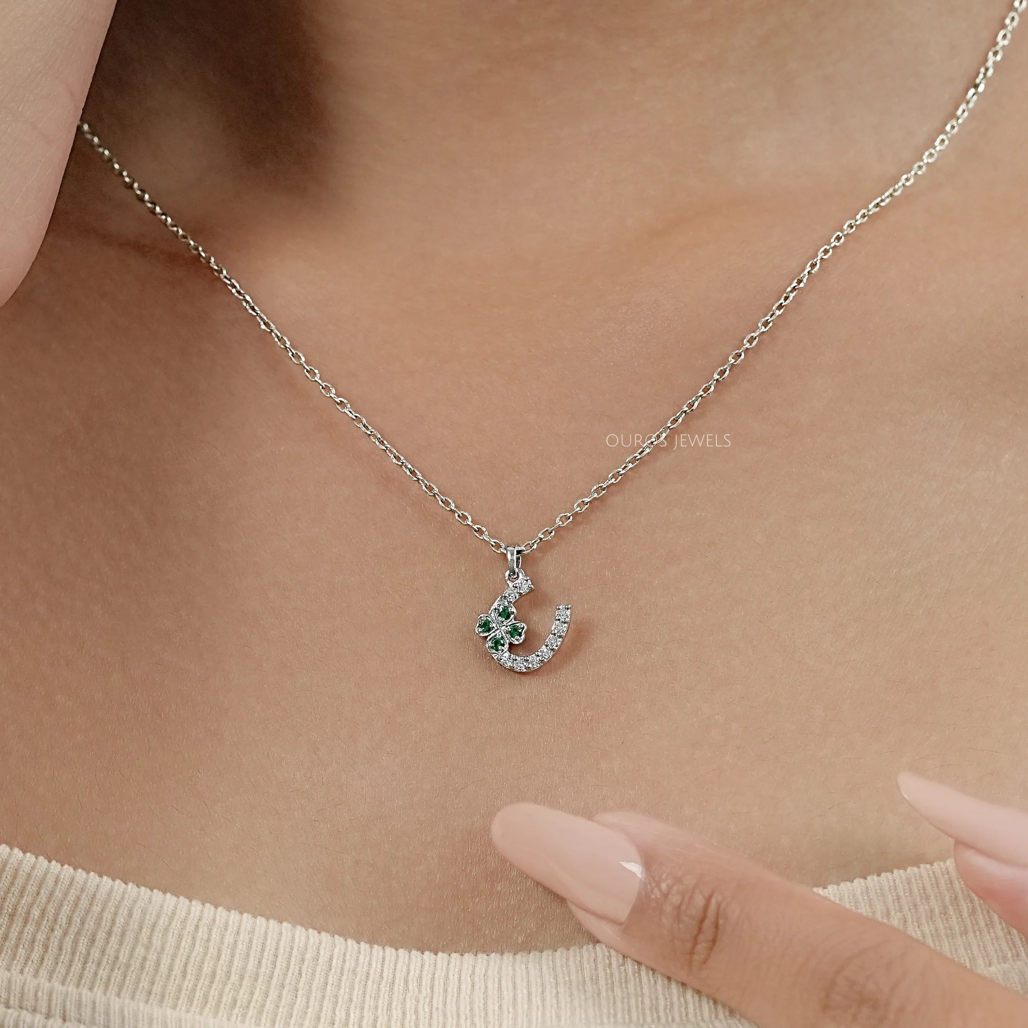 Round Green Gemstone Leaf Charm Pendant