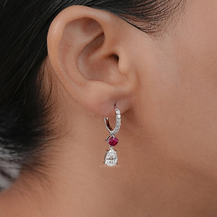 Old Mine Pear Diamond And Ruby Cushion Drop Hoop Earrings Earrings