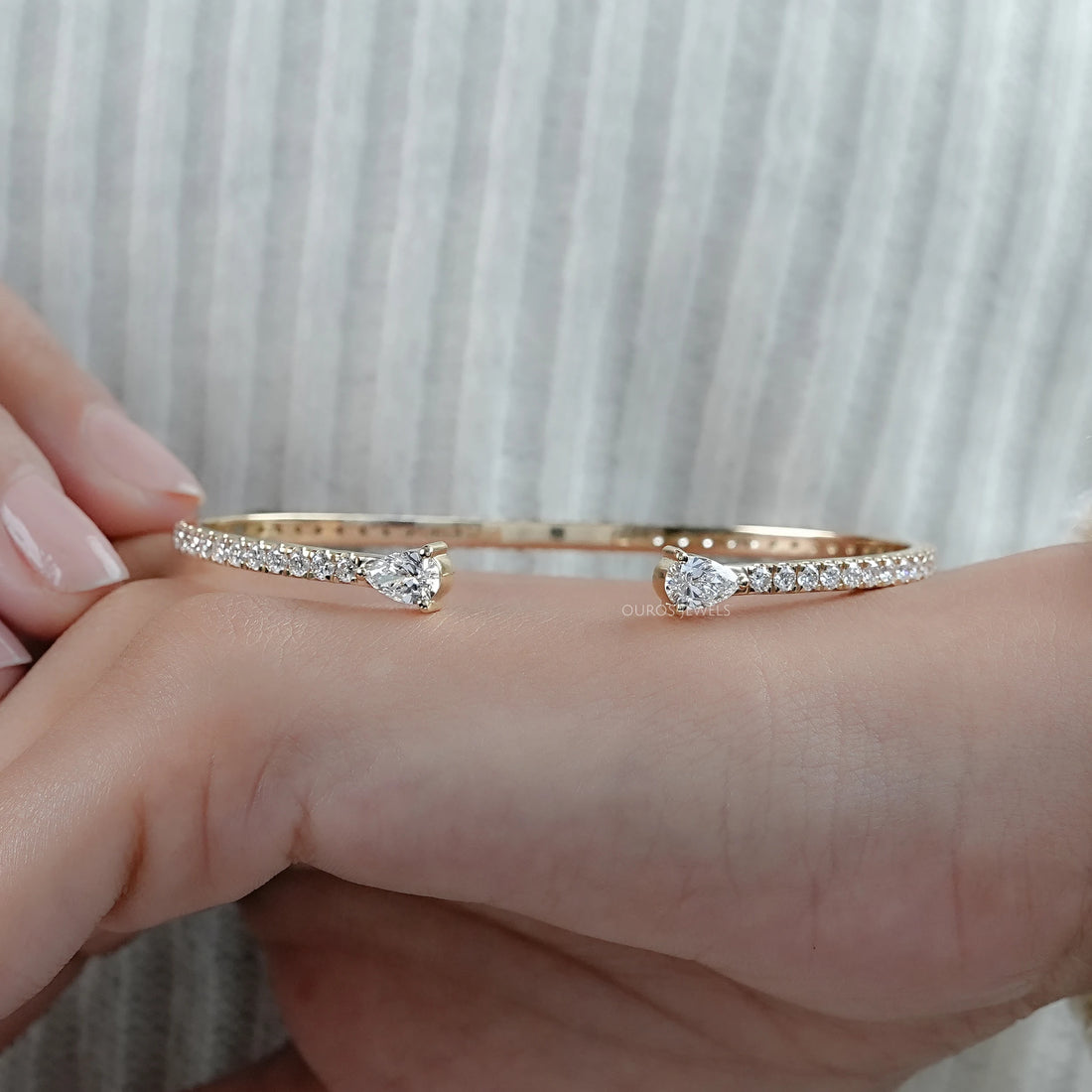 Pear and Round Lab Grown Diamond Open Cuff Bangle Bracelet