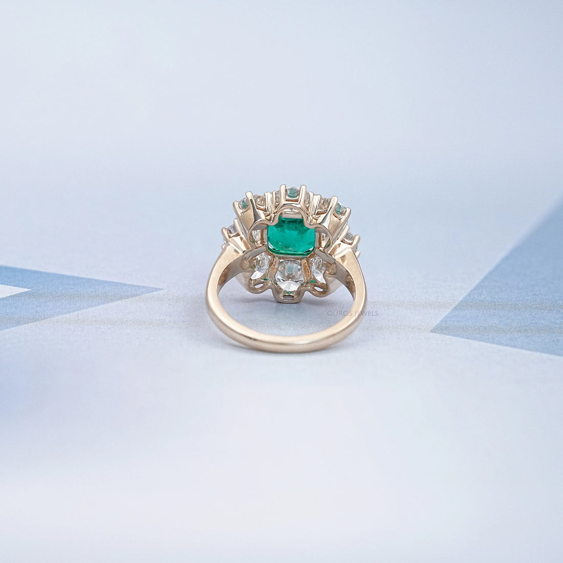 Emerald Square Cushion Round Halo Floral Engagement Ring