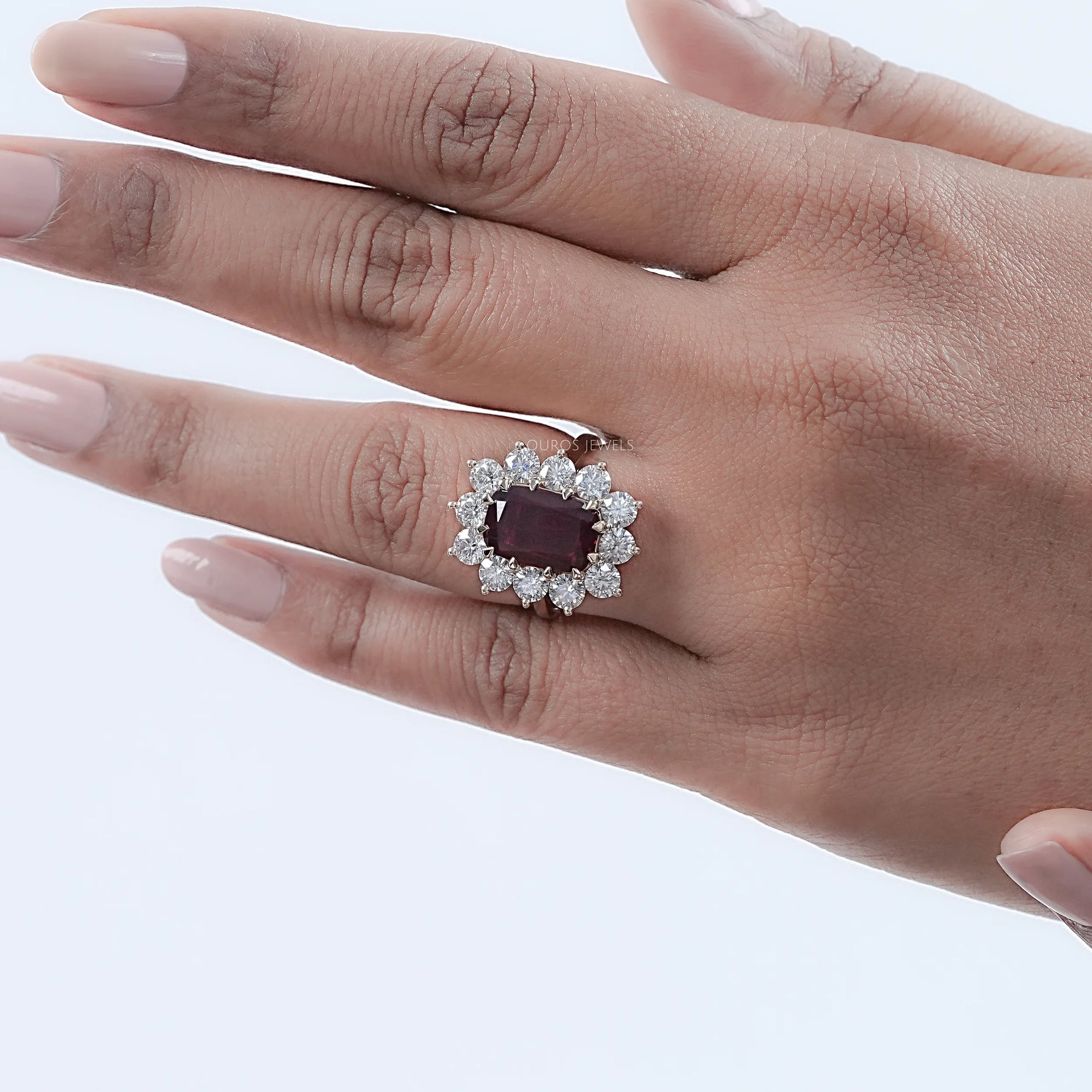 Ruby Elongated Cushion Gemstone Halo Diamond Ring Ring