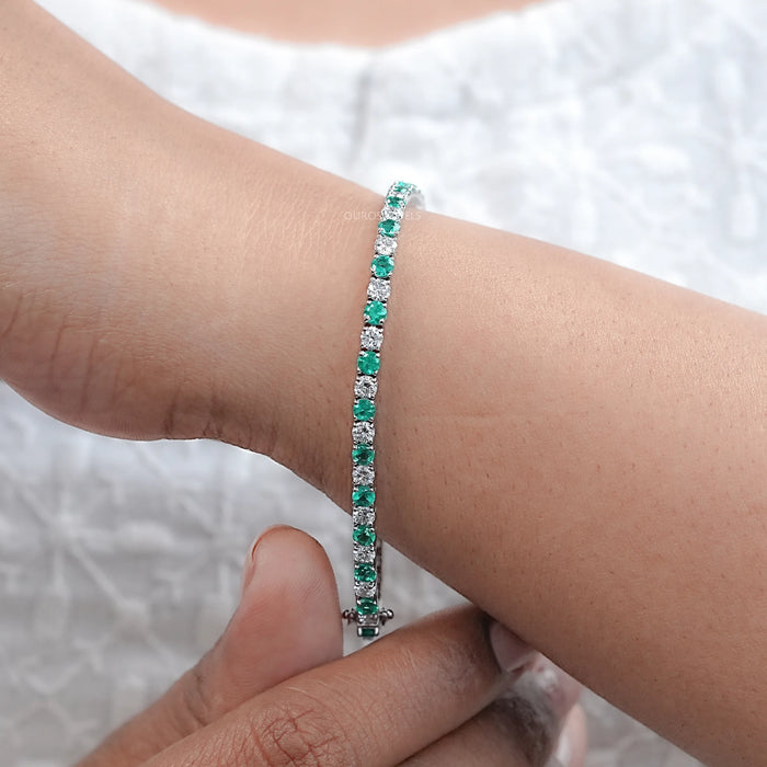 Green Round Gemstone And Lab Diamond Tennis Bracelet