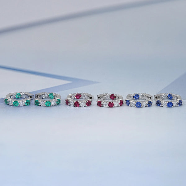 Multi Gemstone And Round Diamond In-Out Hoop Earrings