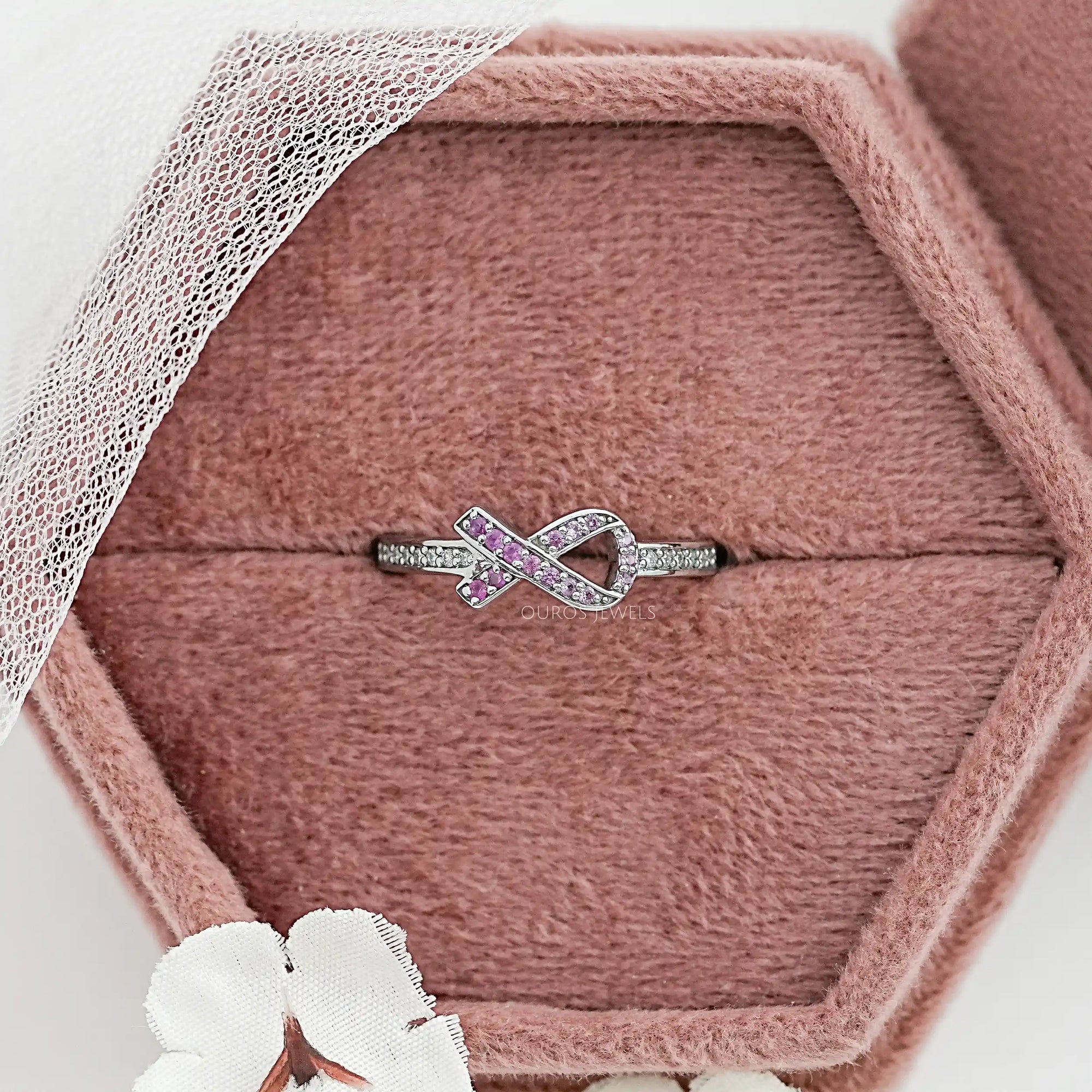 Round Pink Gemstone Cancer Ribbon Accent Ring Ring