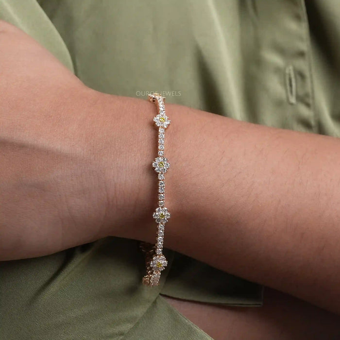 [A Women wearing Round Cut Lab Diamond Flower Bracelet]-[Ouros Jewels]