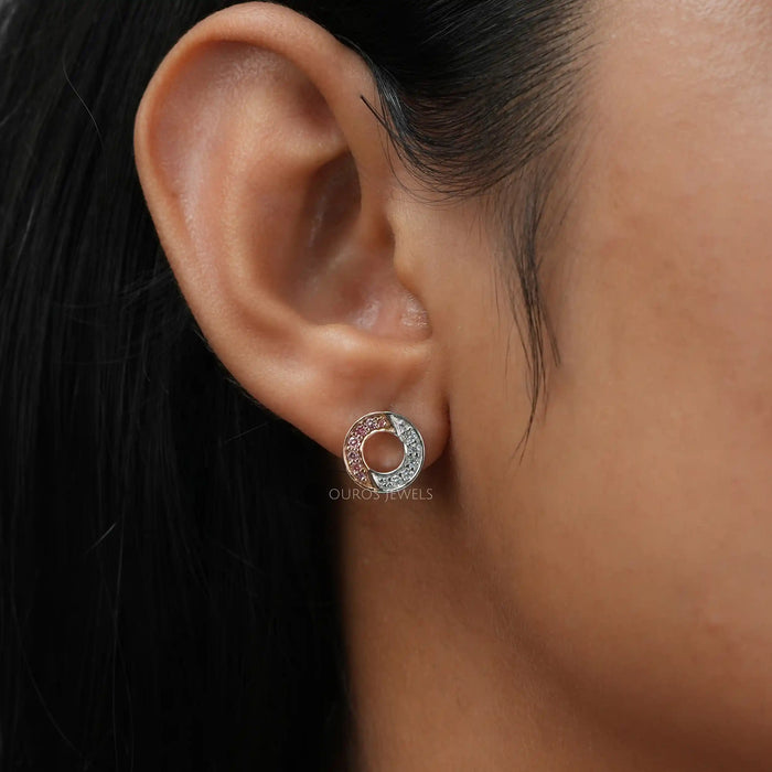 [A Women wearing Round Diamond Two Tone Earrings]-[Ouros Jewels]