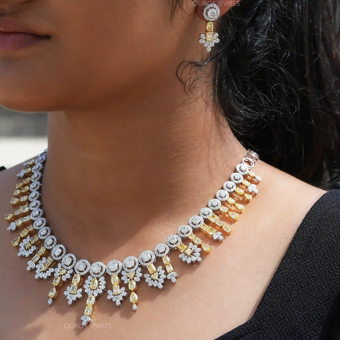 [A Women wearing Round Cut Multishape Yellow Necklace]-[Ouros Jewels]