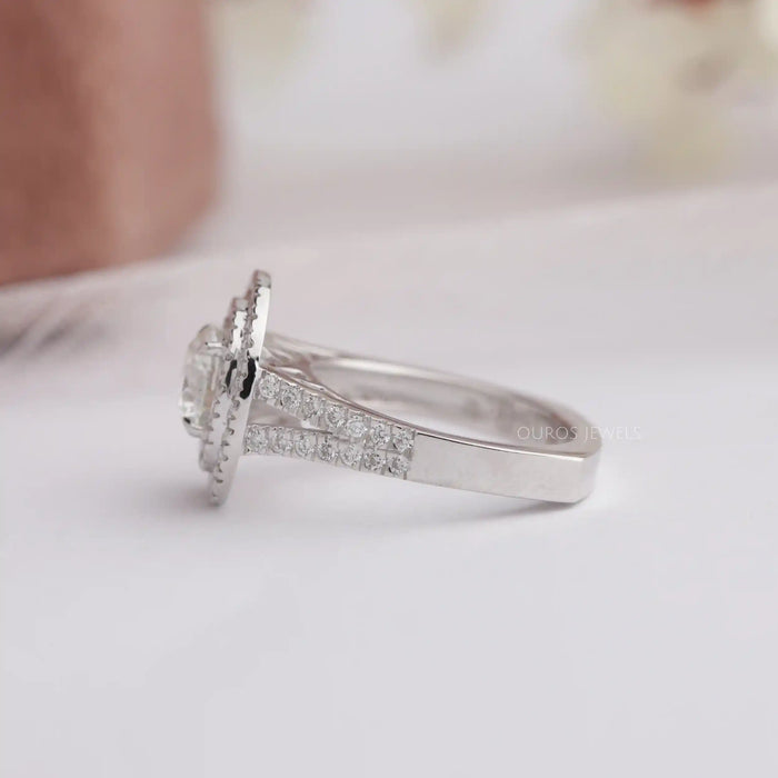 [Side View of Round Cut Halo Diamond Ring]-[Ouros Jewels]