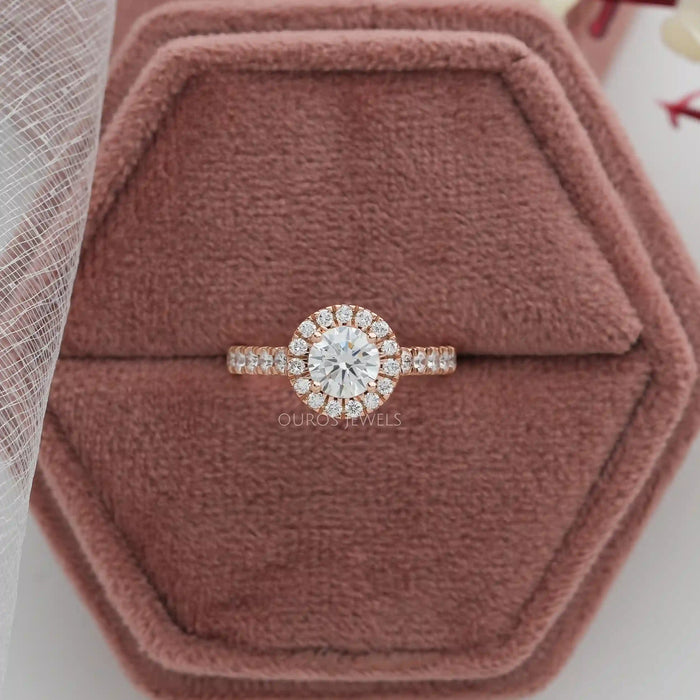 [a Halo diamond engagement ring in a pink box]-[Ouros Jewels]