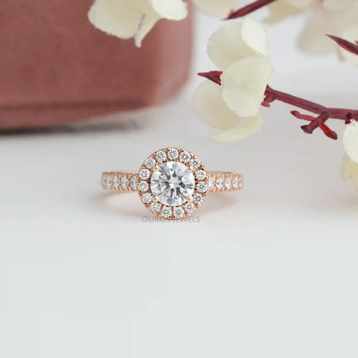 [a rose gold halo engagement ring with diamonds]-[Ouros Jewels]