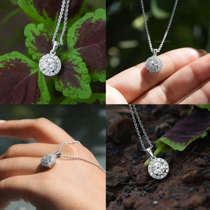 [ Four Different picture of Round Halo Diamond Pendant]-[Ouros Jewels]