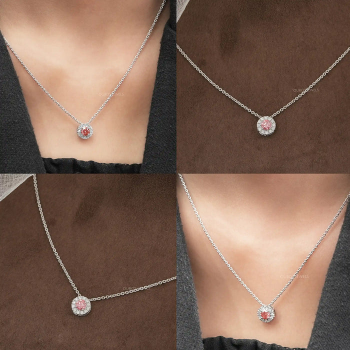 Pink Round And With Halo Diamond Pendant
