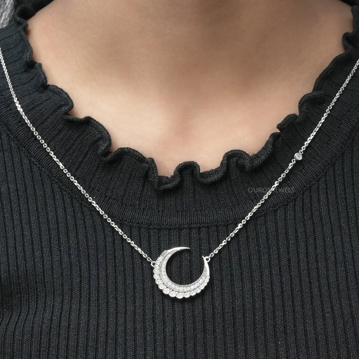 [A Women wearing Round Cut Lab Grown Diamond Pendant]-[Ouros Jewels]