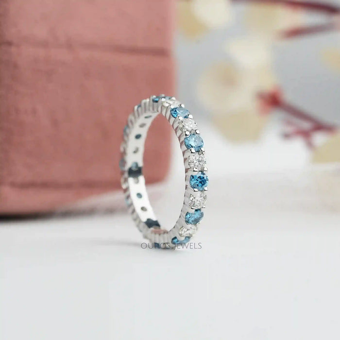 [Blue Round Diamond Wedding Band]-[Ouros Jewels]