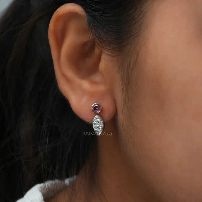 [A Women wearing Pink Round Cut Lab Diamond Earrings]-[Ouros Jewels]
