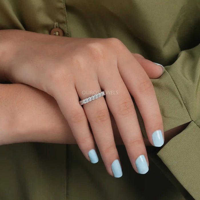 [A Women wearing Round Cut Diamond Eternity Ring]-[Ouros Jewels]