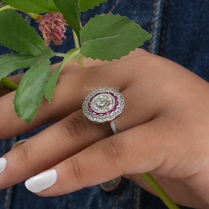 Old European Round Cut Pink Half Moon Halo Gemstone Engagement Ring