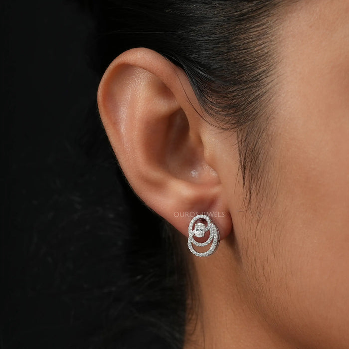 [A Women wearing Circle Lab Diamond Stud Earrings]-[Ouros Jewels]