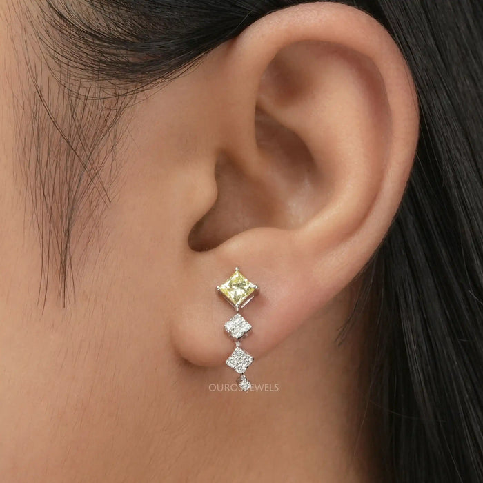 [Round and Princess Diamond Earrings]-[Ouros Jewels]