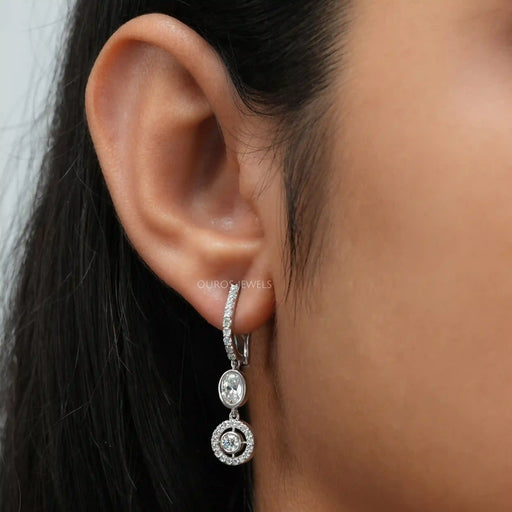[A Women wearing Round Diamond Lever Back Earrings]-[Ouros Jewels]