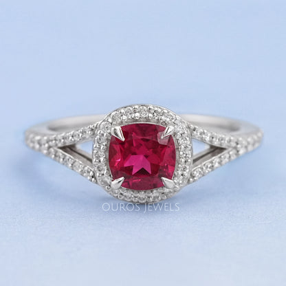 Cushion Cut Red Ruby Split Shank Halo Engagement Ring Ring