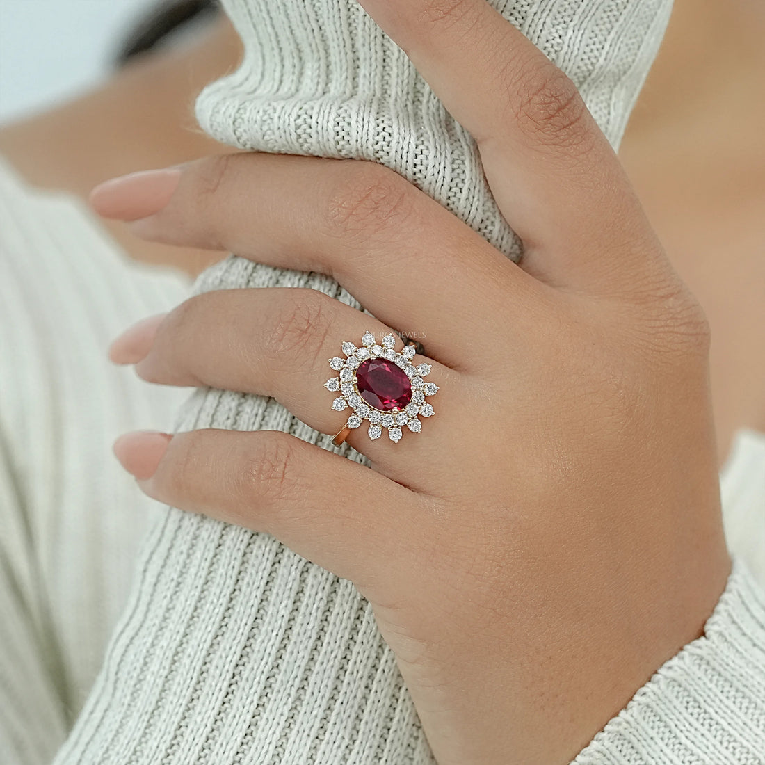 Ruby Gemstone Halo Diamond Engagement Ring Ring