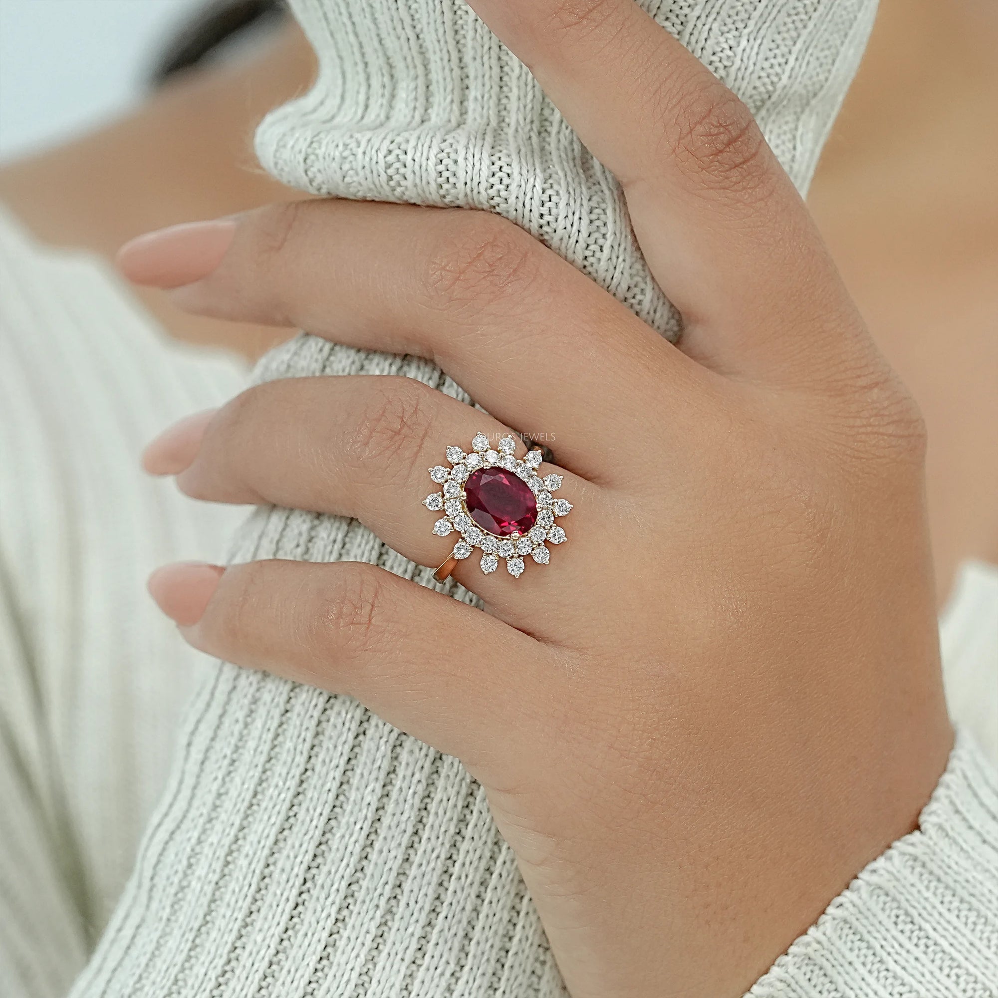 Ruby Gemstone Halo Diamond Engagement Ring Ring
