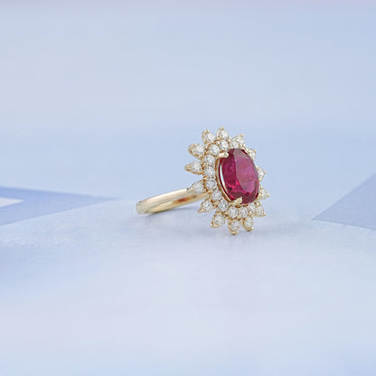 Ruby Gemstone Halo Diamond Engagement Ring Ring