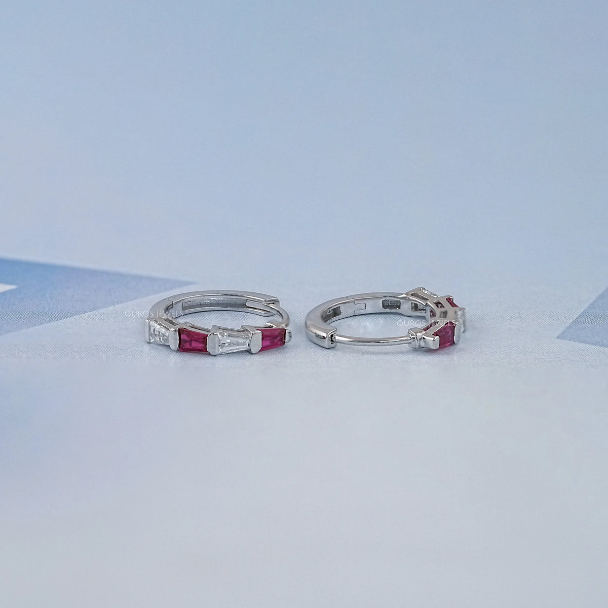Ruby Tapered Baguette And Lab Diamond Hoop Earrings Earrings