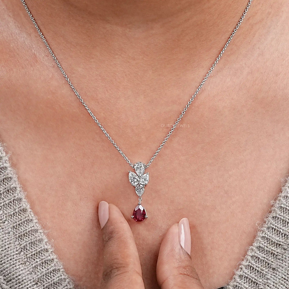 Pear Cut Ruby Drop Necklace Necklaces