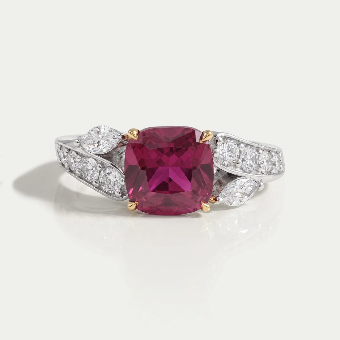 Ruby Cushion Gemstone And Lab Diamond Split Shank Ring Rings