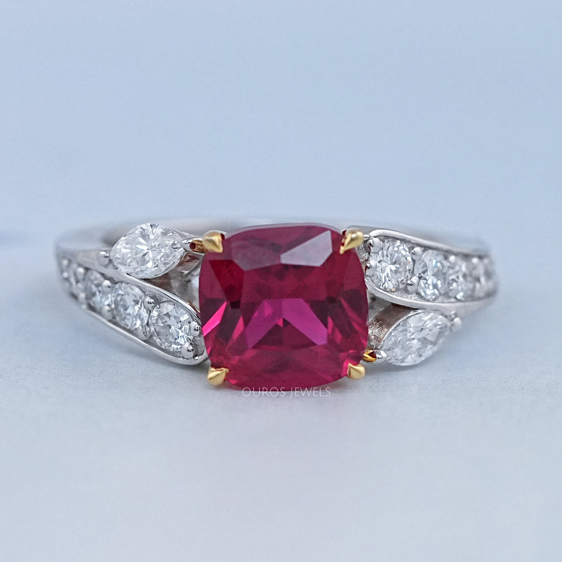 Ruby Cushion Gemstone And Lab Diamond Split Shank Ring Rings
