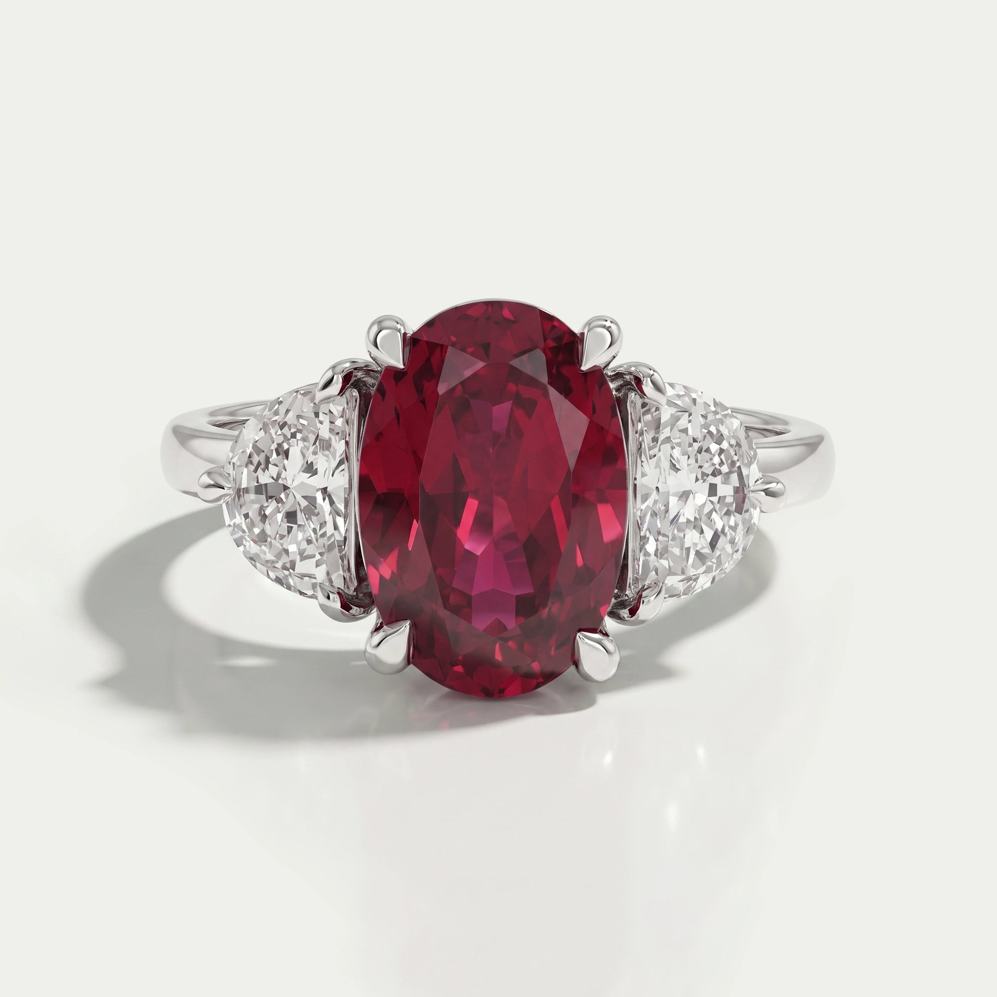 Ruby And Half Moon Diamond Three Stone Ring Ring