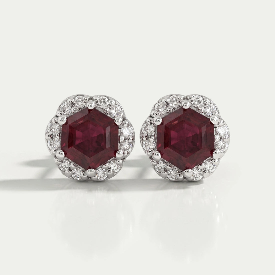 Hexagon Cut Red Ruby Gemstone Halo Stud Earrings Earring