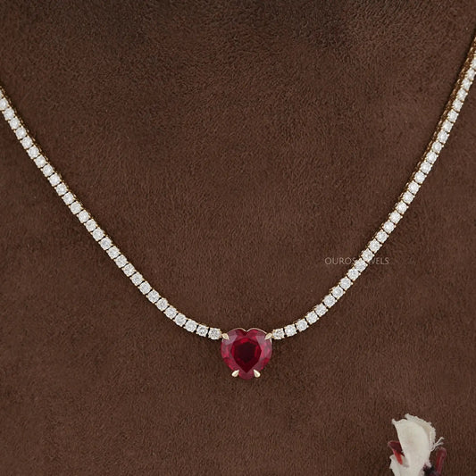Ruby Heart And Round Diamond Tennis Necklace Necklaces
