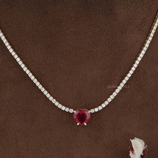 Ruby Heart And Round Diamond Tennis Necklace Necklaces